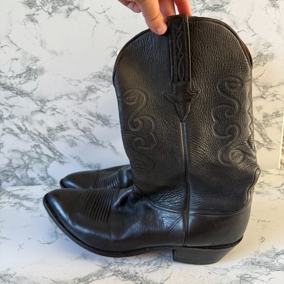 Lucchese Men 12 Western Boot Black Tooled Leather Cowboy Rodeo Mid Calf Pull On - Picture 3 of 6